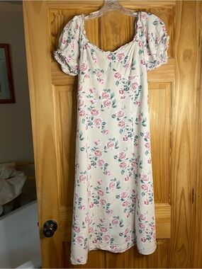 Lavender Moon Cream Midi Dress with Pink Rose Pattern